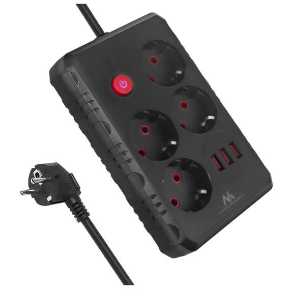 Obrázok pre Napájecí lišta Maclean, prodlužovací kabel se 4 zásuvkami + 3xUSB, 110-240V AC 50/60Hz, 2,1A max. 2500W, 1,5 m, černá, MCE392 B
