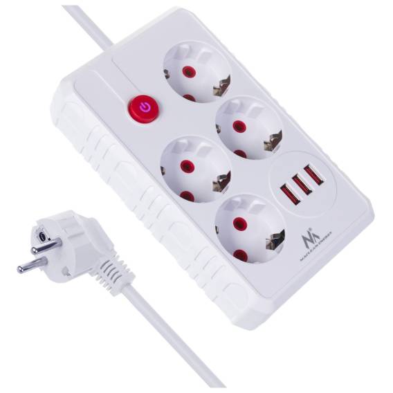 Obrázok pre Napájecí lišta Maclean, prodlužovací kabel se 4 zásuvkami + 3xUSB, 110-240V AC 50/60Hz, 2,1A max. 2500W, 3m, bílá, MCE393 W