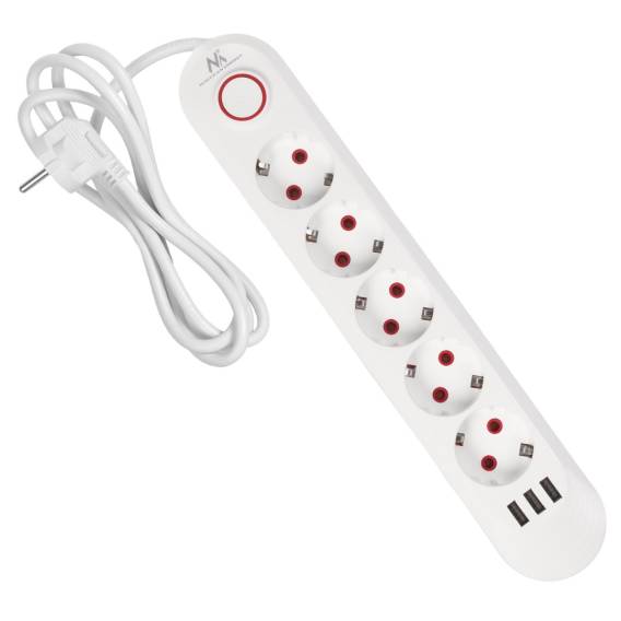Obrázok pre Napájecí lišta Maclean, prodlužovací kabel s 5 zásuvkami + 3xUSB, 110-240V AC 50/60Hz, 2,1A max. 2500W, 1,5 m, bílá, MCE395 W