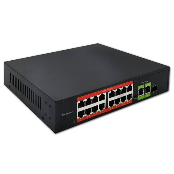 Obrázok pre Qoltec Przełącznik sieciowy SWITCH Fast Ethernet PoE | 16x RJ45 10/100 Mb/s | 2x RJ45 Uplink 1000 Mb/s | 1x SFP 1000 Mb/s