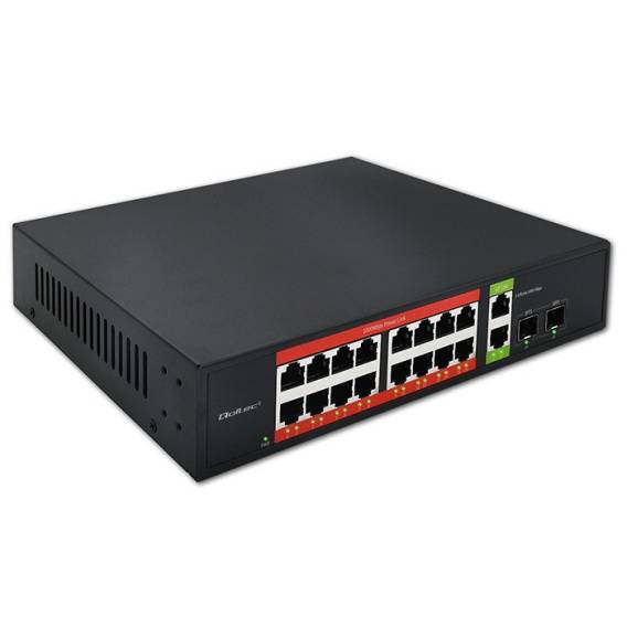 Obrázok pre Qoltec 52292 Gigabitový ethernetový PoE přepínač | 16x RJ45 | 2x RJ45 uplink | 2x SFP | 1000 Mb/s