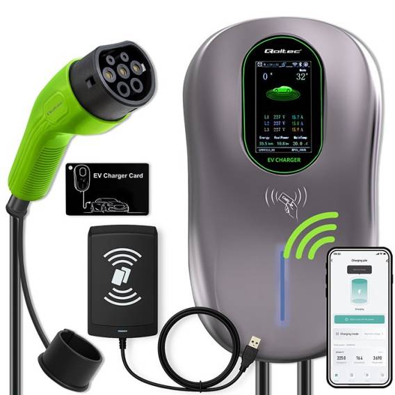 Obrázok pre Qoltec Stacja ładowania EV Typ2 do samochodu elektrycznego i hybryd | 22kW | LCD | 2 Karty EV | 3 fazy | Wallbox | Hotel system | 5m