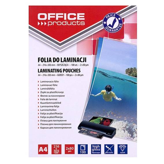 Obrázok pre OFFICE PRODUCTS Laminovací fólie, A4, 2×80 mikronů, lesklá, 100 ks, průhledná