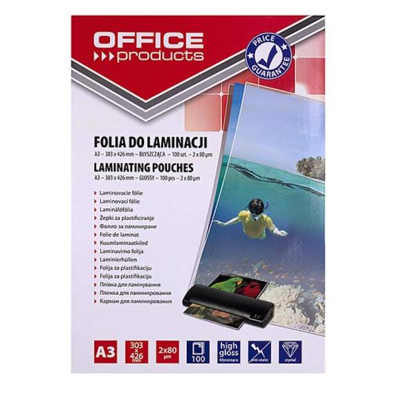 Obrázok pre OFFICE PRODUCTS Laminovací fólie, A3, 2x80 mikronů, lesklá, 100 ks, průhledná