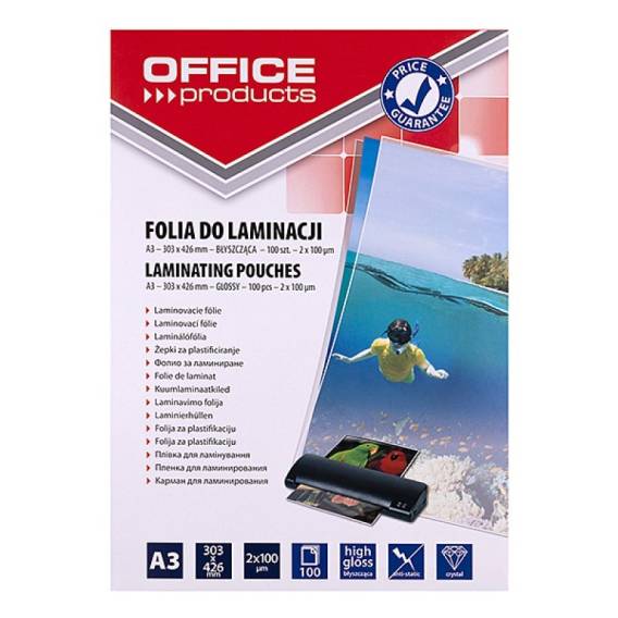 Obrázok pre OFFICE PRODUCTS Laminovací fólie, A3, 2×100 mikronů, lesklá, 100 ks, průhledná