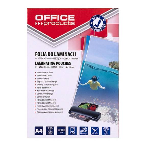 Obrázok pre OFFICE PRODUCTS Laminovací fólie, A4, 2×100 mikronů, lesklá, 100 ks, průhledná