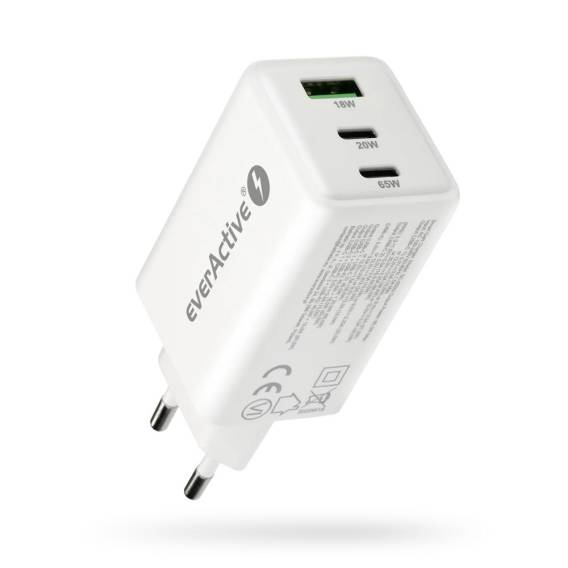 Obrázok pre Síťová nabíječka GaN, 1× USB, 2× USB-C, Quick Charge 4+, 65 W, bílá