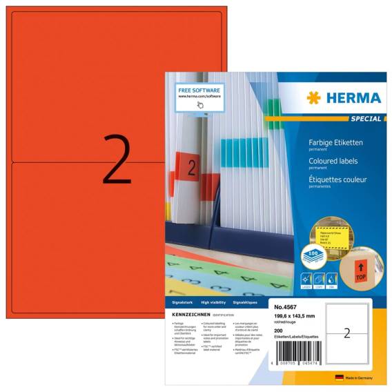 Obrázok pre HERMA 4567 samolepicí štítky Obdélník Červená 200 kusů