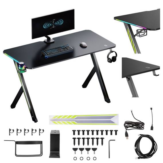 Obrázok pre NanoRS gaming desk, black with headphone and cup holder, RGB backlight, max. 75kg, dimensions 1200x600x750mm, RS102