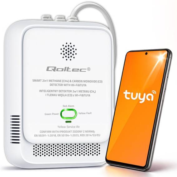 Obrázok pre Qoltec 52654 Detektor úniku zemního plynu a oxidu uhelnatého (CO) 2 v 1 | CH4 | CO | NG | Tuya | WiFi | Alarm 85 dB | LED