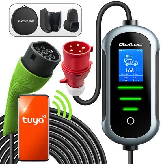 Obrázok pre Qoltec 52721 Mobilní nabíječka do auta s 2v1 regulací typu 2 | 7kW | 230V | CEE 32A | Wifi | TUYA | SMART LIFE | LCD | Přenosná | Wallbox | 5m
