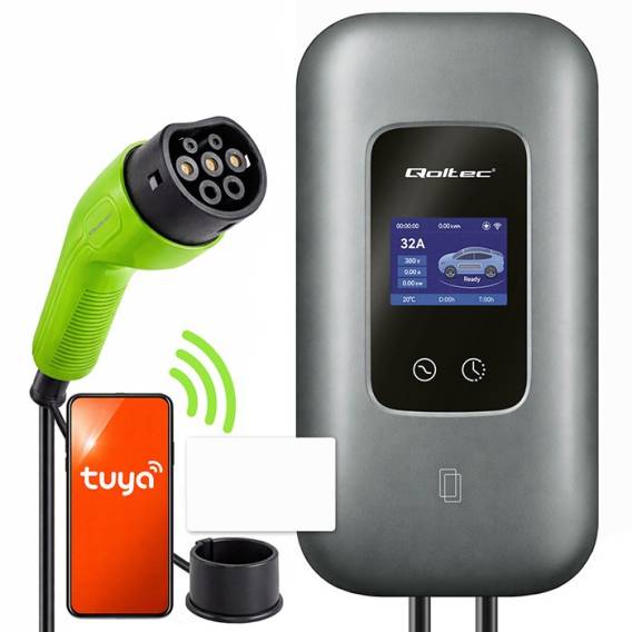 Obrázok pre Qoltec 52723 Nabíjecí stanice pro elektromobily Typ 2 | 3 fáze | 22 kW | 32 A | Wifi | LCD | RFID | Chytrý život | TUYA | Wallbox | 5 m