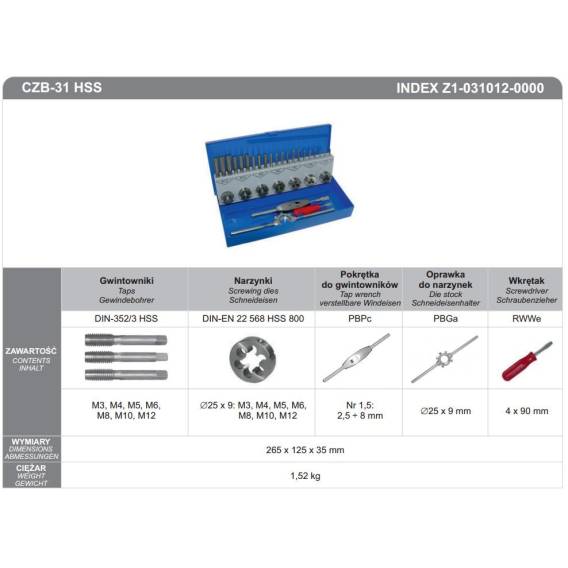 Obrázok pre FANAR TAPS + DIES SET 31 pcs. M3-M12 CZB-31 HSS