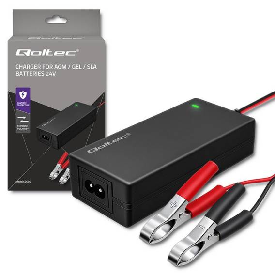 Obrázok pre Qoltec 52665 Automatická nabíječka pro AGM gelové STD baterie | 24V nabíječka | 2A | 48W | LED | kabel 1,8 m