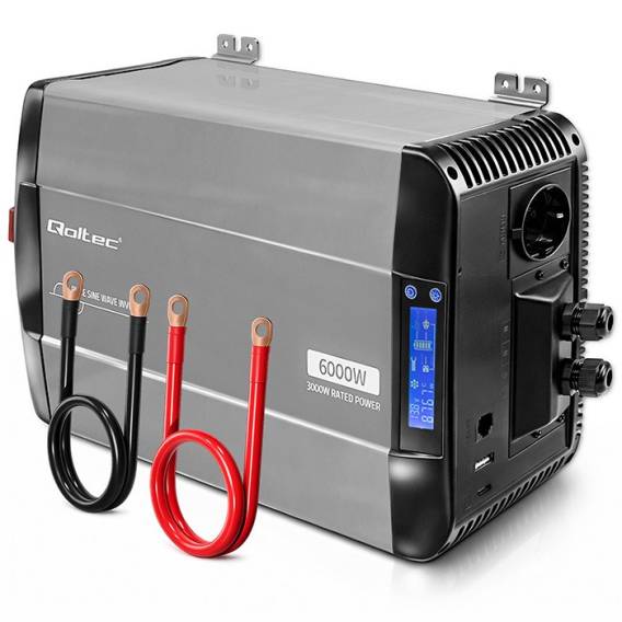Obrázok pre Qoltec Przetwornica napięcia Pure Sine Wave | 12V na 230V | 3000/6000W | LCD | USB | USB-C | Kompatybilna z LiFePO4 GEL AGM