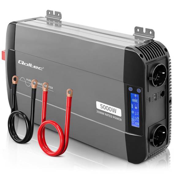 Obrázok pre Qoltec Przetwornica napięcia Pure Sine Wave | 12V na 230V | 2500/5000W | LCD | USB | USB-C | Kompatybilna z LiFePO4 GEL AGM