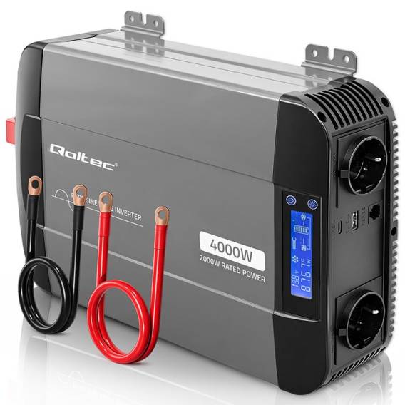 Obrázok pre Qoltec 52691 Měnič s čistou sinusoidou | 12V až 230V | 2000/4000W | LCD | USB | USC-C | Kompatibilní s LiFePO4 GEL AGM bateriemi