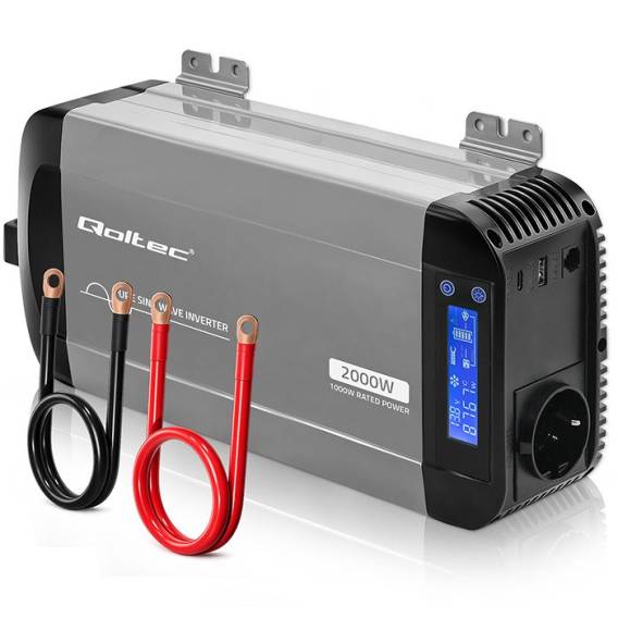 Obrázok pre Qoltec 52689 Měnič s čistou sinusoidou | 12V až 230V | 1000/2000W | LCD | USB | USC-C | Kompatibilní s LiFePO4 GEL AGM bateriemi