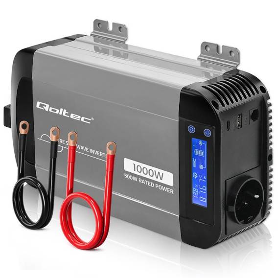 Obrázok pre Qoltec 52688 Měnič s čistou sinusoidou | 12V až 230V | 500/1000W | LCD | USB | USC-C | Kompatibilní s LiFePO4 GEL AGM bateriemi