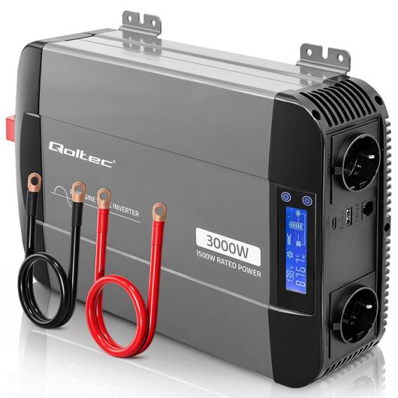Obrázok pre Qoltec 52690 Měnič s čistou sinusoidou | 12V až 230V | 1500/3000W | LCD | USB | USC-C | Kompatibilní s LiFePO4 GEL AGM bateriemi