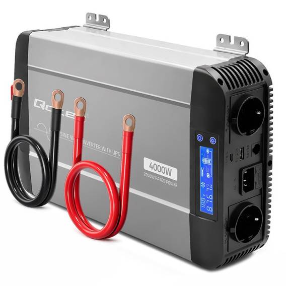 Obrázok pre Qoltec 52697 Měnič s čistou sinusoidou | 12V až 230V | 2000/4000W | UPS BAYPASS | LCD | USB | USC-C | Kompatibilní s LiFePO4 GEL AGM bateriemi