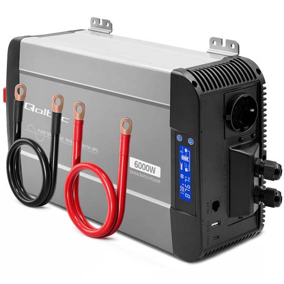 Obrázok pre Qoltec Przetwornica napięcia Pure Sine Wave | 12V na 230V | 3000/6000W | UPS BYPASS | LCD | USB | USB-C | Kompatybilna z LiFePO4 GEL AGM