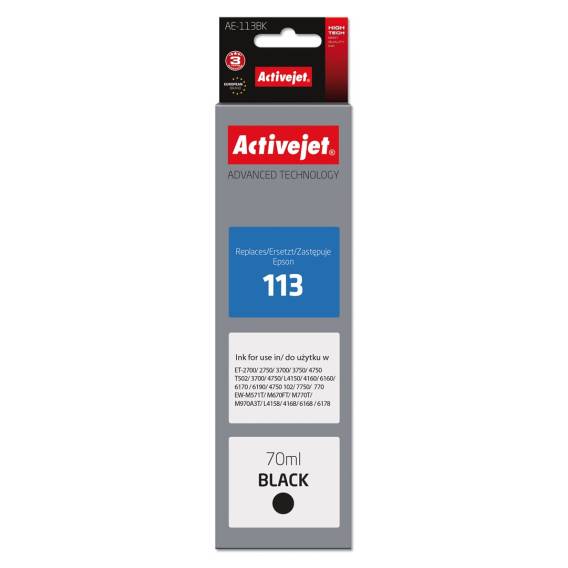 Obrázok pre Activejet AE-113Bk Ink (náhradní inkoust Epson 113 C13T06B140; Supreme; 70 ml; černý)